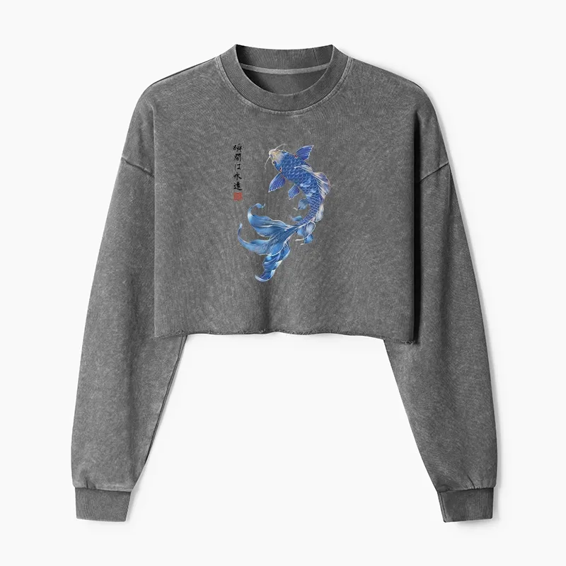Tokyo-Tiger Lucky Blue Koi Fish Art Washed Crop Sweatshirt