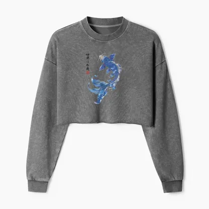 Tokyo-Tiger Lucky Blue Koi Fish Art Washed Crop Sweatshirt