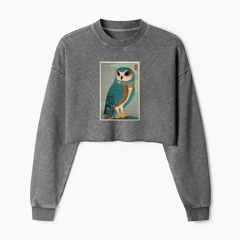 Tokyo-Tiger Vintage Owl Woodblock Art Washed Crop Sweatshirt Sale