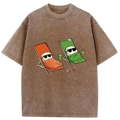 Tokyo-Tiger Funny Sushi Sunbathing Washed T-Shirt