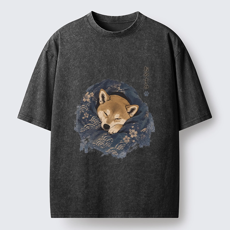 Tokyo-Tiger Sleepy Shiba Hides In Warm Quilt Washed T-Shirt