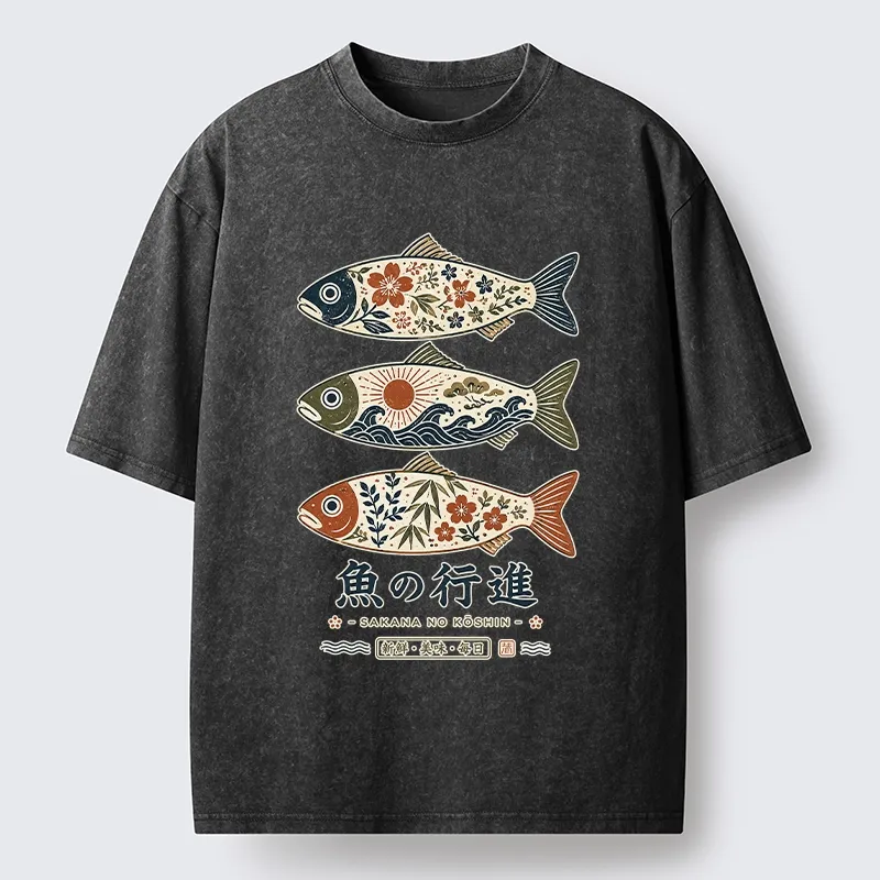 Tokyo-Tiger Sakura Waves Decorate Three Fish Washed T-Shirt