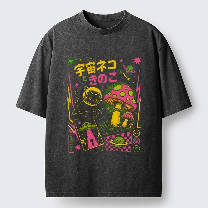 Tokyo-Tiger Space Cat And Magic Mushrooms Washed T-Shirt Sale
