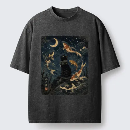 Tokyo-Tiger Black Cat And Koi Fish Washed T-Shirt
