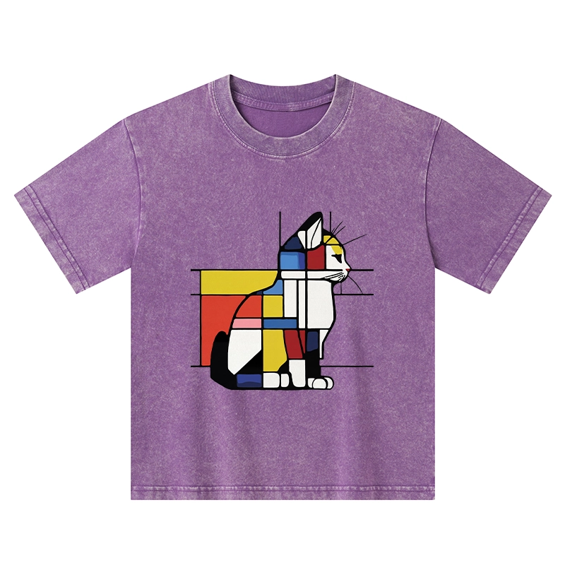 Tokyo-Tiger Geometric Cat Art In Primary Colors Kids Washed T-Shirt