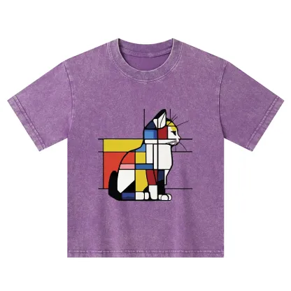 Tokyo-Tiger Geometric Cat Art In Primary Colors Kids Washed T-Shirt