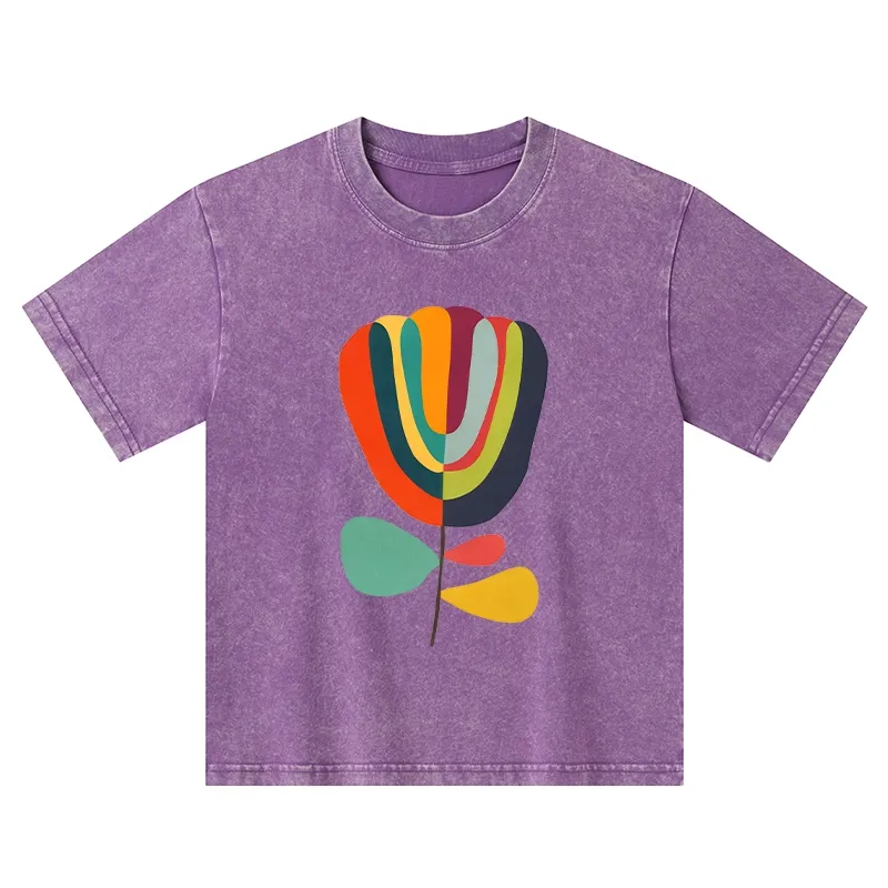 Tokyo-Tiger Colorful Flower Minimalist Print Kids Washed T-Shirt
