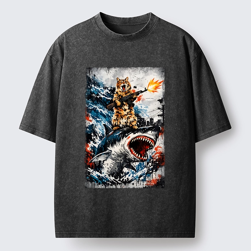 Tokyo-Tiger Cat Riding A Shark With A Gun Washed T-Shirt