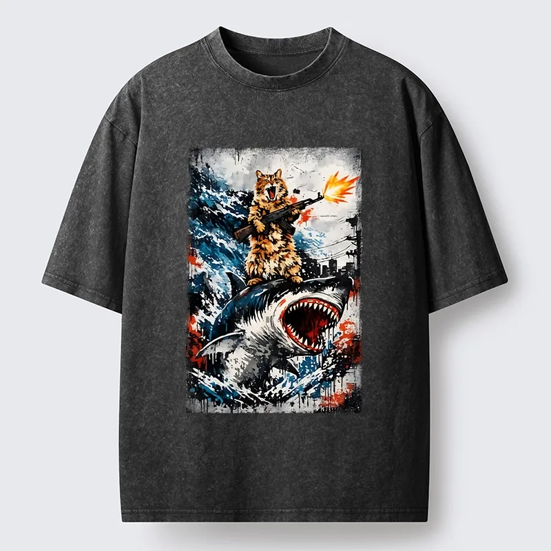 Tokyo-Tiger Cat Riding A Shark With A Gun Washed T-Shirt