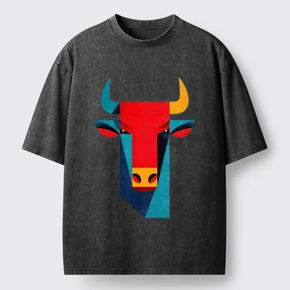 Tokyo-Tiger Geometric Bull Head Art Washed T-Shirt
