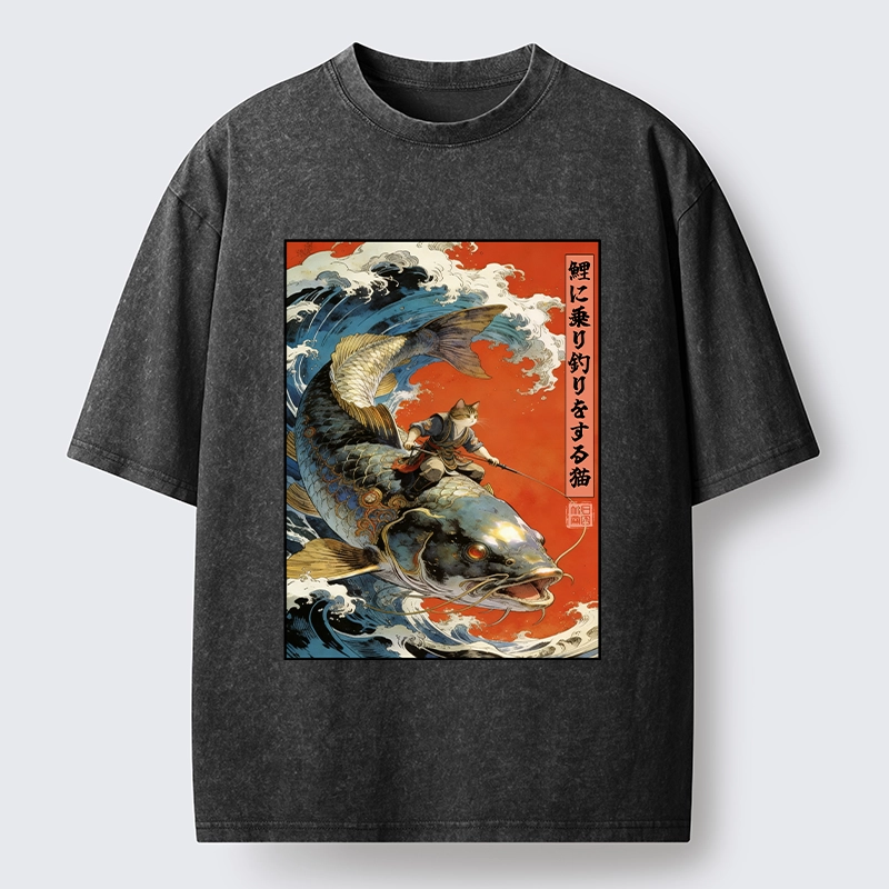 Tokyo-Tiger Ukiyo E Cat Fishing Art Washed T-Shirt