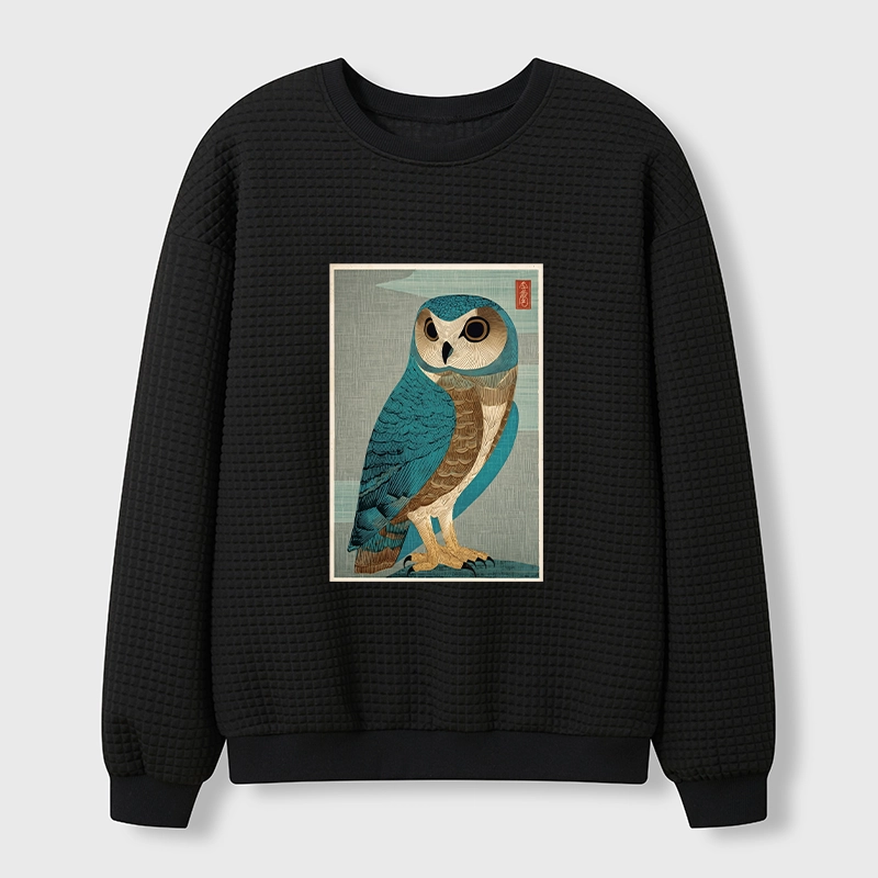 Tokyo-Tiger Vintage Owl Woodblock Art Waffle Sweatshirt