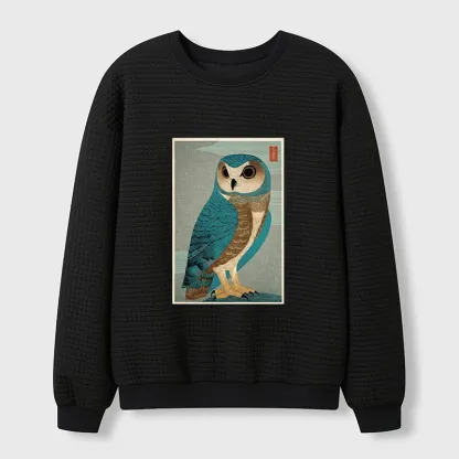 Tokyo-Tiger Vintage Owl Woodblock Art Waffle Sweatshirt