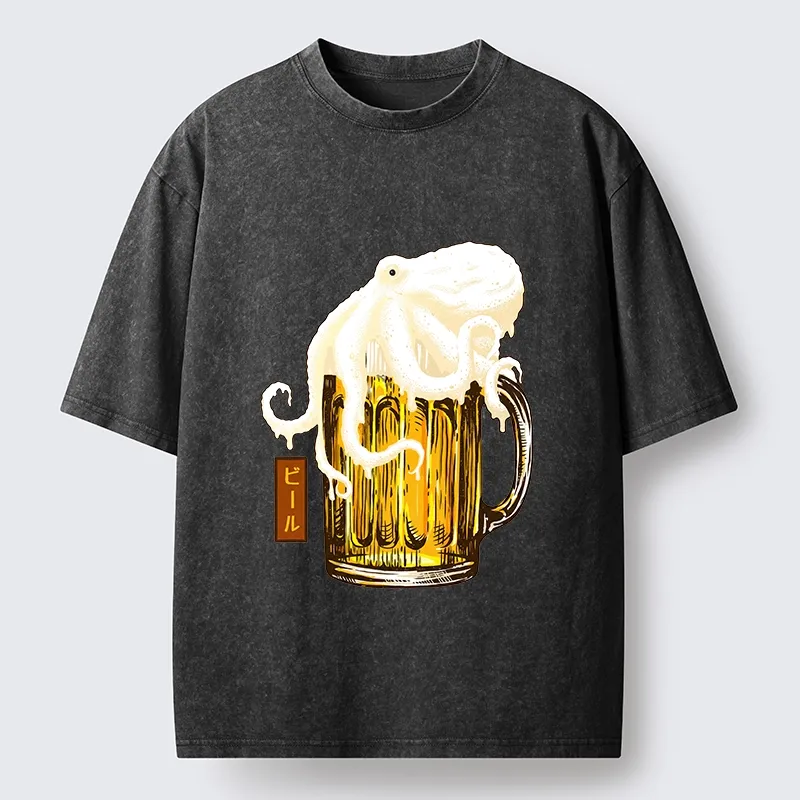Tokyo-Tiger Octopus Foam On Cold Beer Mug Washed T-Shirt Sale