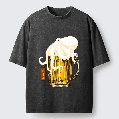 Tokyo-Tiger Octopus Foam On Cold Beer Mug Washed T-Shirt