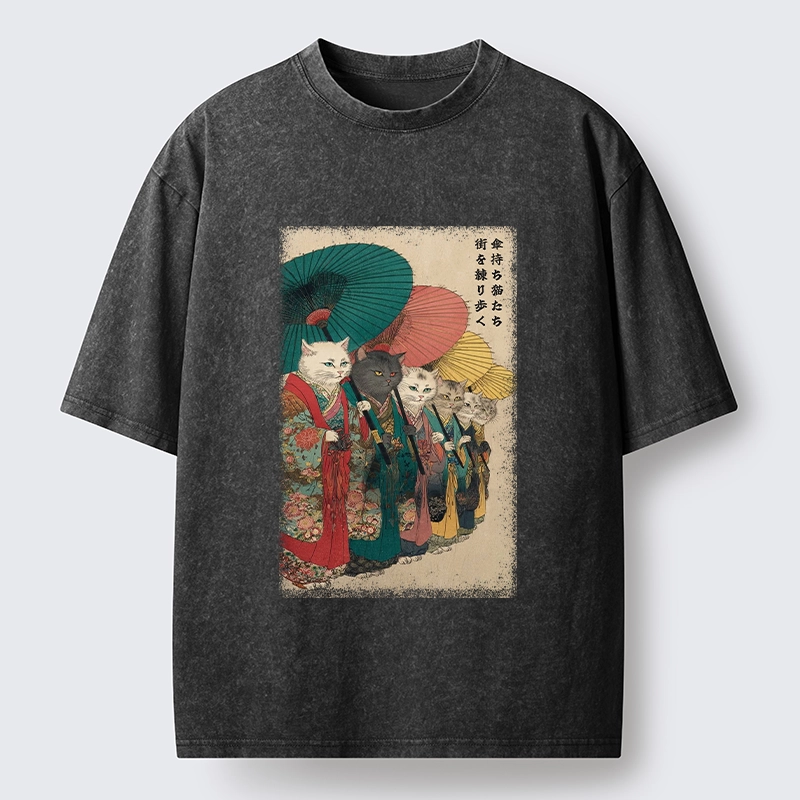 Tokyo-Tiger Kimono Cats Walk With Colorful Umbrellas Washed T-Shirt