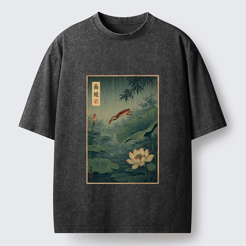 Tokyo-Tiger Vintage Asian Frog Jump Over Lotus Leaf Washed T-Shirt