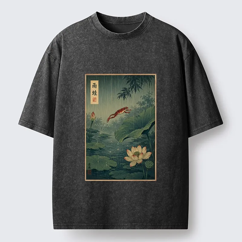 Tokyo-Tiger Vintage Asian Frog Jump Over Lotus Leaf Washed T-Shirt