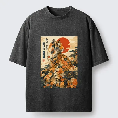 Tokyo-Tiger Vintage Floral Tiger Japanese Spring Art Washed T-Shirt