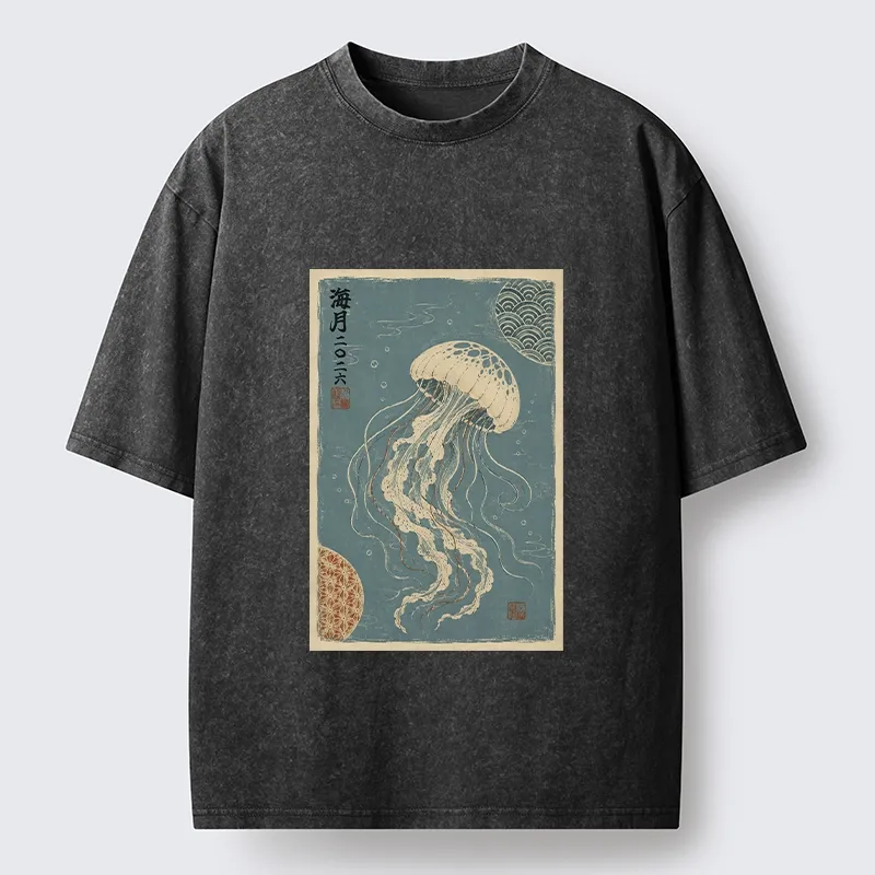 Tokyo-Tiger Vintage Blue Jellyfish Underwater Art Washed T-Shirt