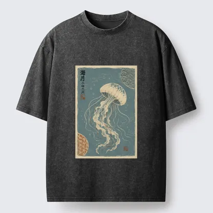 Tokyo-Tiger Vintage Blue Jellyfish Underwater Art Washed T-Shirt