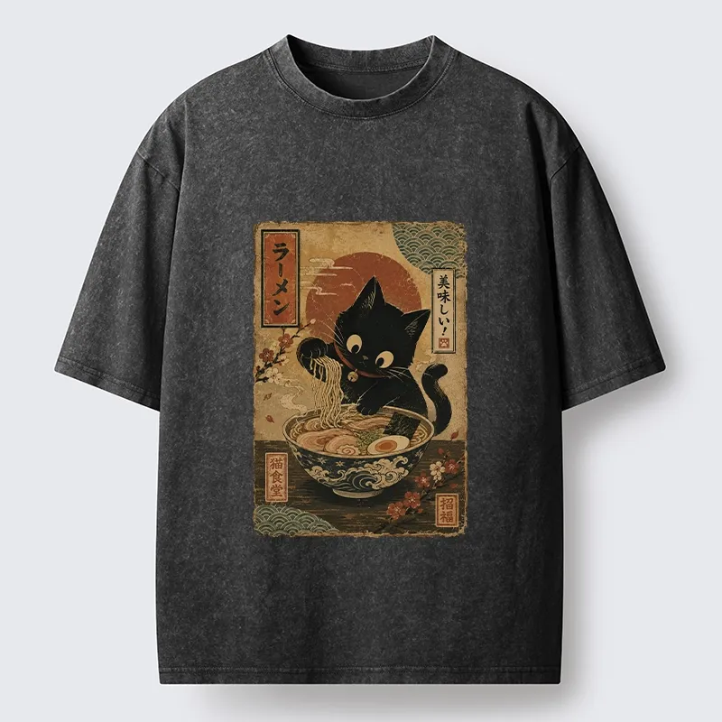 Tokyo-Tiger Japanese Cat Ramen Shop Poster Washed T-Shirt