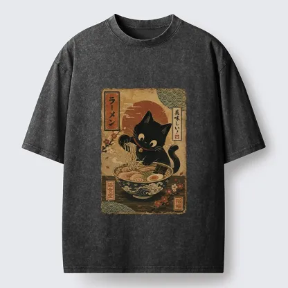 Tokyo-Tiger Japanese Cat Ramen Shop Poster Washed T-Shirt