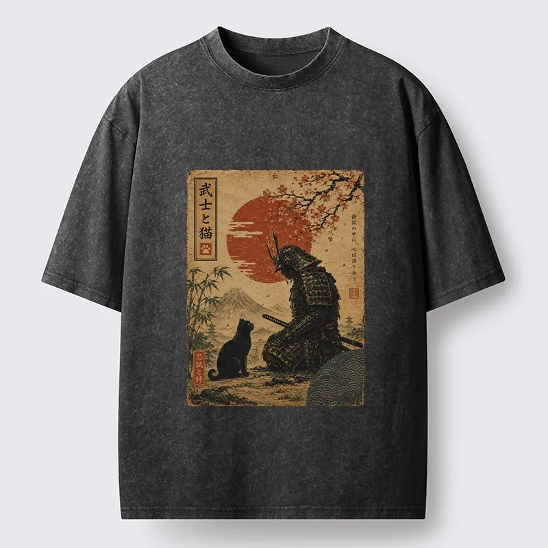 Tokyo-Tiger Samurai And Black Cat Mountain Washed T-Shirt