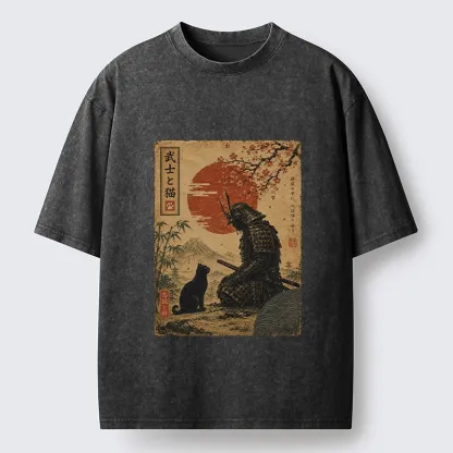 Tokyo-Tiger Samurai And Black Cat Mountain Washed T-Shirt