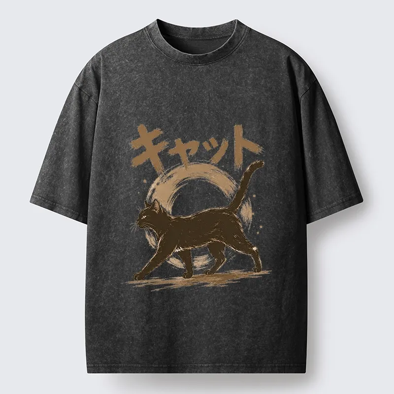 Tokyo-Tiger Retro Brush Stroke Black Cat Walking Washed T-Shirt