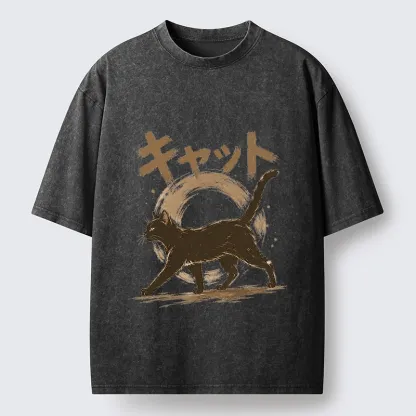 Tokyo-Tiger Retro Brush Stroke Black Cat Walking Washed T-Shirt
