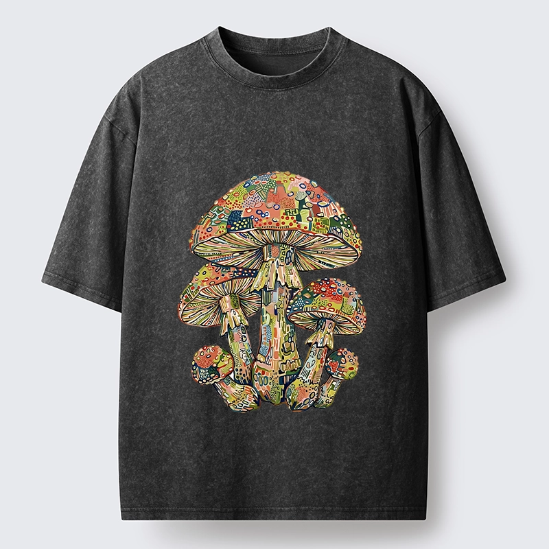 Tokyo-Tiger Tiny Black Cat Under Wild Rainbow Mushrooms Washed T-Shirt