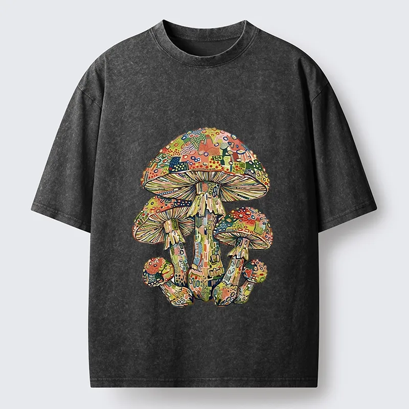 Tokyo-Tiger Tiny Black Cat Under Wild Rainbow Mushrooms Washed T-Shirt Sale