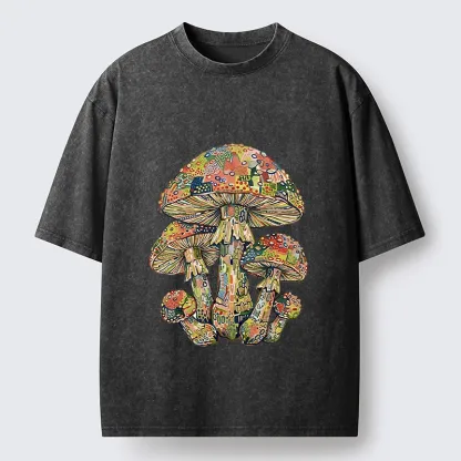 Tokyo-Tiger Tiny Black Cat Under Wild Rainbow Mushrooms Washed T-Shirt