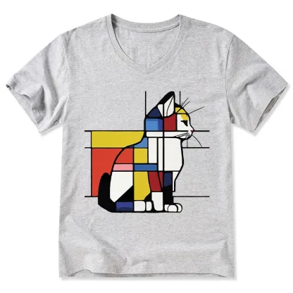 Tokyo-Tiger Geometric Cat Art In Primary Colors V-Neck Classic T-Shirt