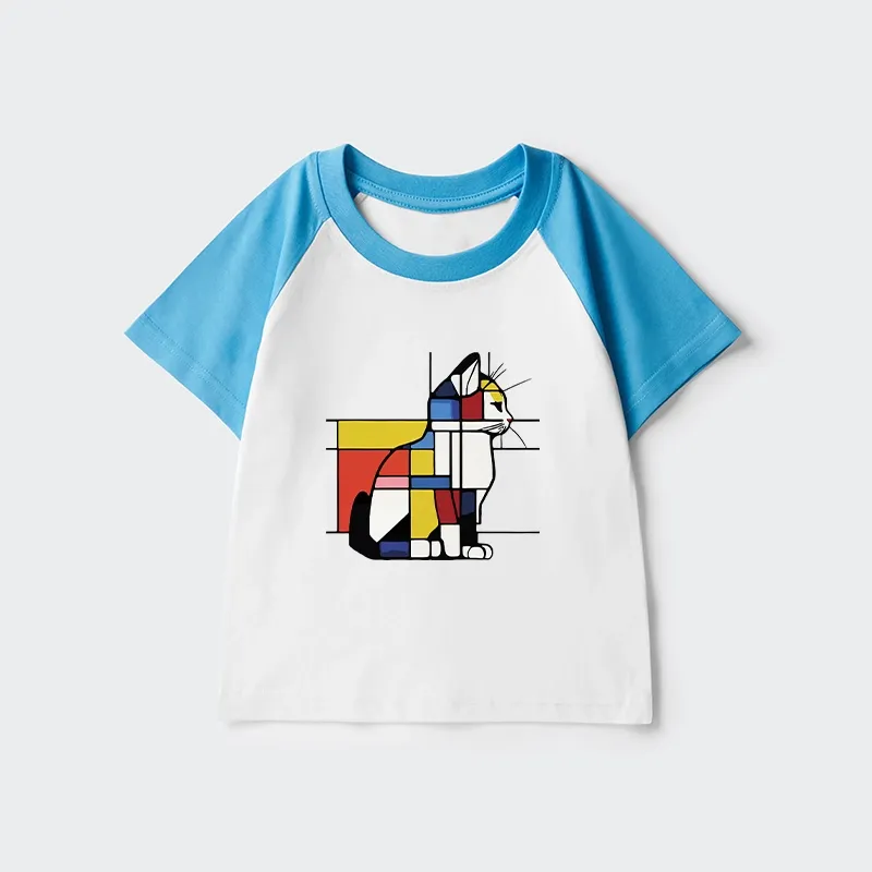 Tokyo-Tiger Geometric Cat Art In Primary Colors Kids Raglan T-shirt