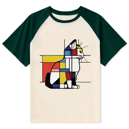 Tokyo-Tiger Geometric Cat Art In Primary Colors Raglan T-shirt