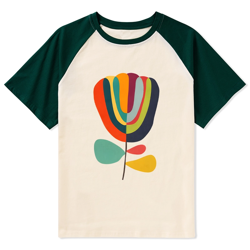 Tokyo-Tiger Colorful Flower Minimalist Print Raglan T-shirt