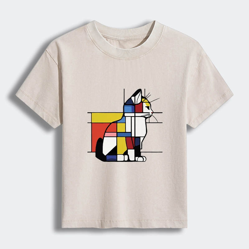 Tokyo-Tiger Geometric Cat Art In Primary Colors Women's Washed T-shirt