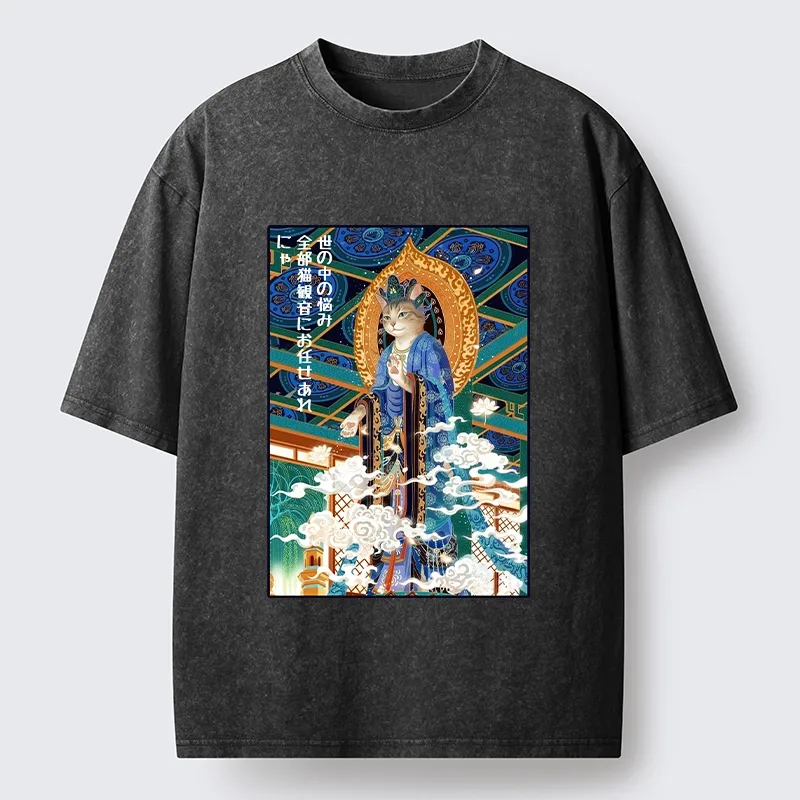 Tokyo-Tiger Peaceful Cat Buddha Asian Graphic Washed T-Shirt