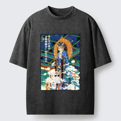 Tokyo-Tiger Peaceful Cat Buddha Asian Graphic Washed T-Shirt