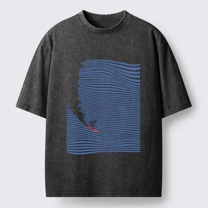 Tokyo-Tiger Ocean Line Surf Graphic Print Washed T-Shirt