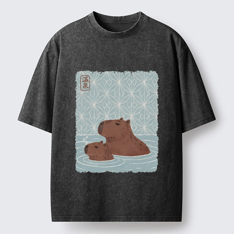 Tokyo-Tiger Onsen Capybara Calming Art Washed T-Shirt