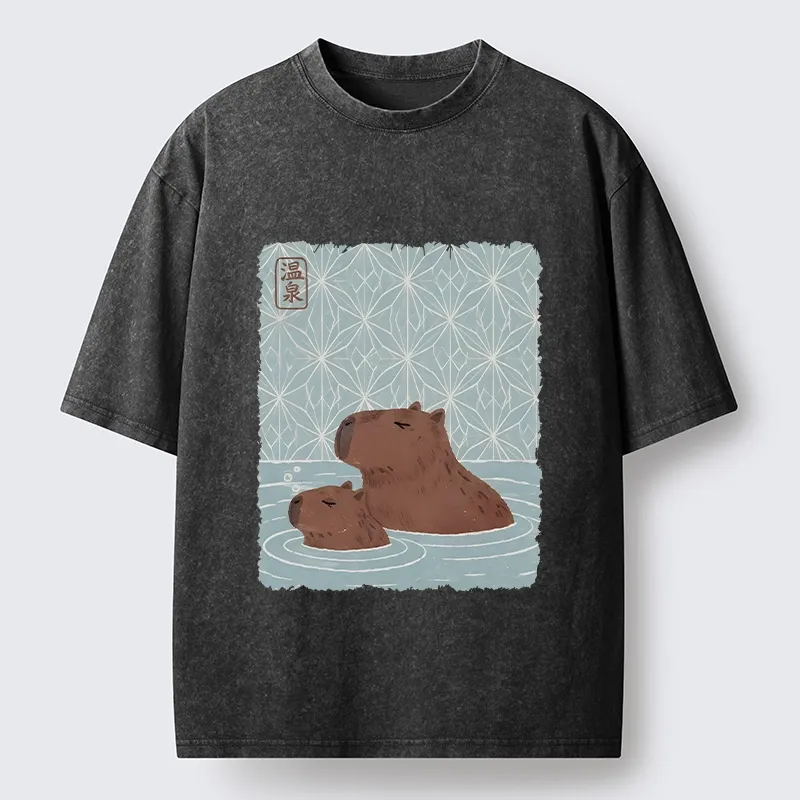 Tokyo-Tiger Onsen Capybara Calming Art Washed T-Shirt