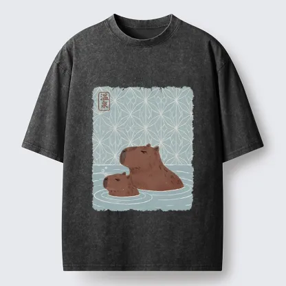Tokyo-Tiger Onsen Capybara Calming Art Washed T-Shirt
