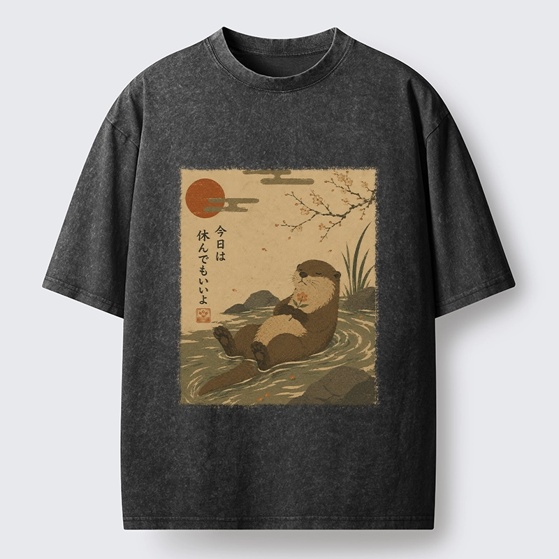Tokyo-Tiger Floating Otter Relax Japanese Art Washed T-Shirt