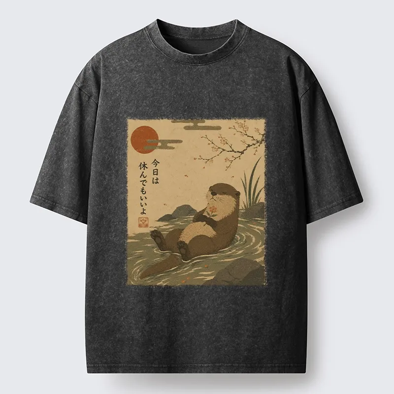Tokyo-Tiger Floating Otter Relax Japanese Art Washed T-Shirt