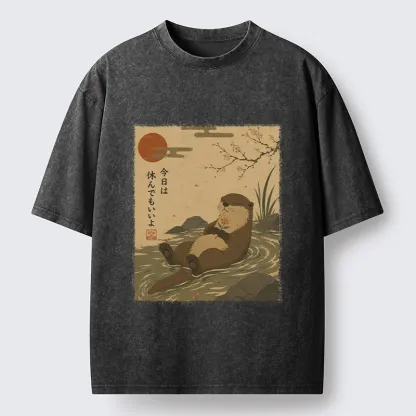 Tokyo-Tiger Floating Otter Relax Japanese Art Washed T-Shirt