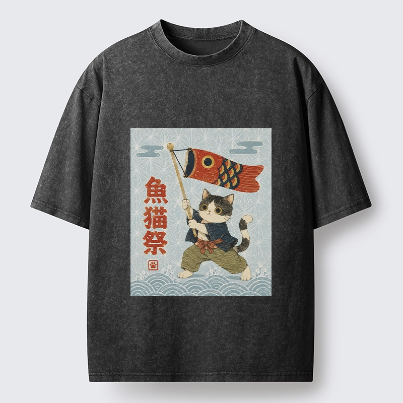 Tokyo-Tiger Koinobori Festival Cat Japanese Print Washed T-Shirt
