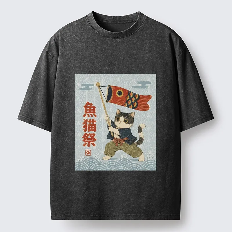 Tokyo-Tiger Koinobori Festival Cat Japanese Print Washed T-Shirt